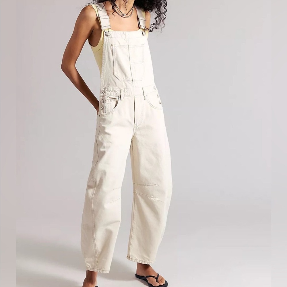 Free People Good Luck Barrel Overalls in Milk Denim Utility XS
